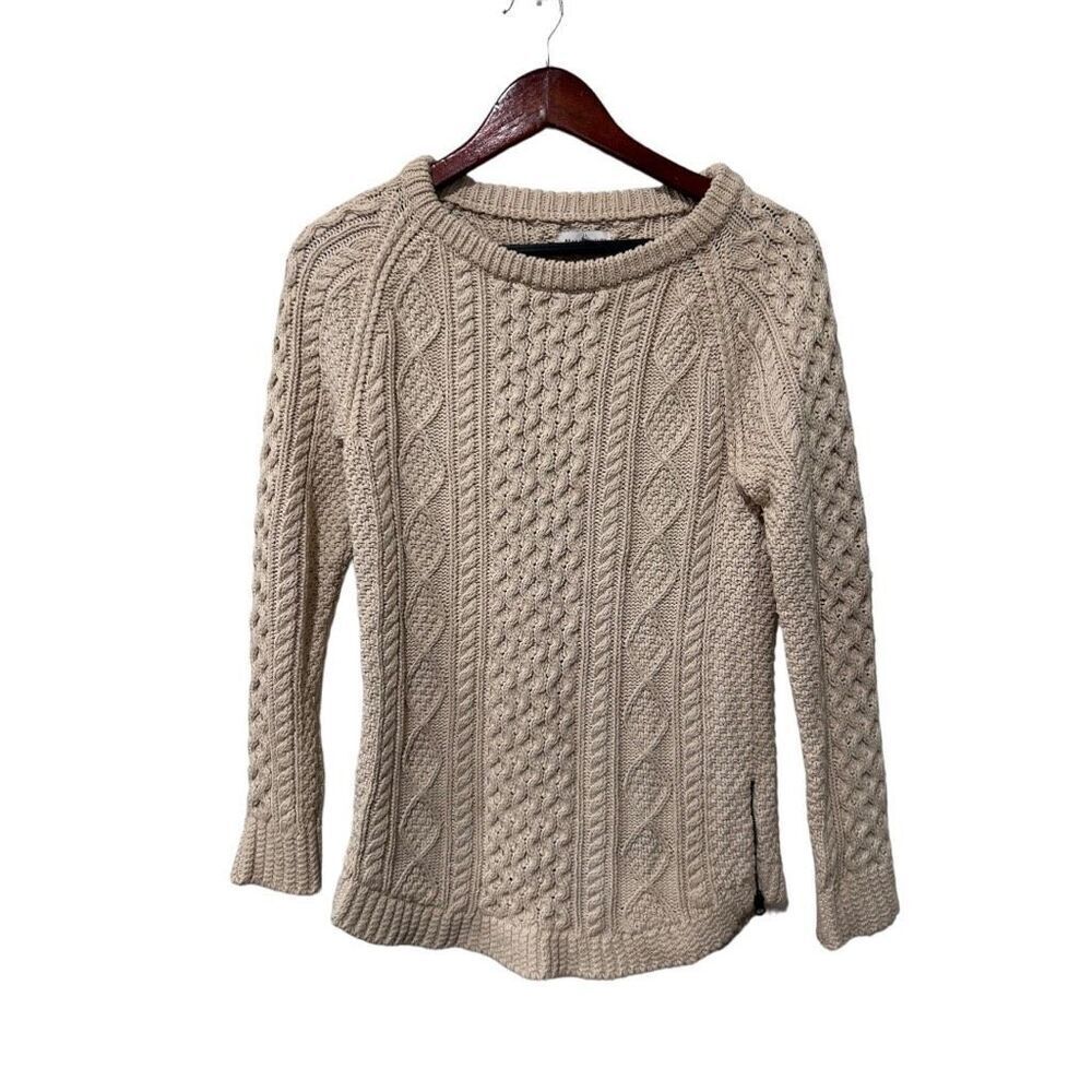L.L. Bean Signature Cotton Fisherman Tunic Sweater Cream Oatmeal Chunky Cable XS